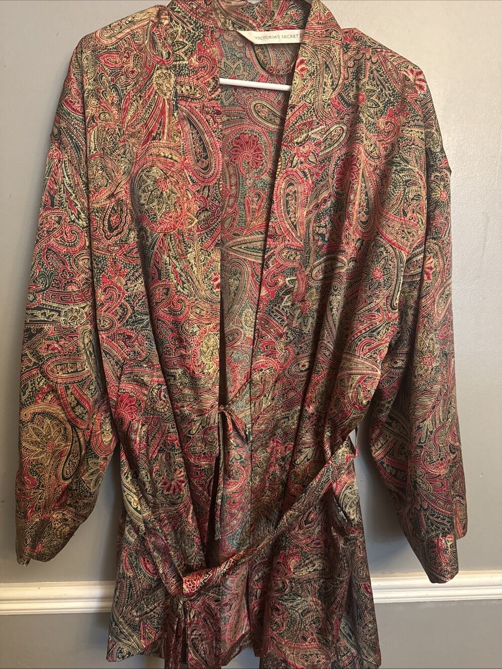 Victoria's Secret Paisley Satin Kimono Robe Tie Belt 3/4 Sleeve O/S Red/Green